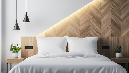 Modern bedroom design featuring close up of elegant bed pillow and wooden headboard