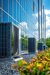 Air conditioning units placed beside a modern glass building with greenery.
