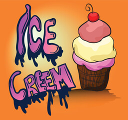 Delicious melting ice cream cone with cherry on top and graffiti lettering