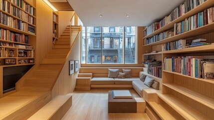 Fototapeta premium Minimalist Scandinavian-inspired living room with floating shelves and multi-functional seating.