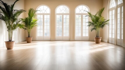 A spacious room featuring large windows and potted plants, illuminated by natural light.