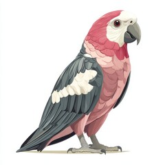 A colorful, stylized parrot with a unique design, featuring a blend of pink, gray, and white feathers, showcasing its vibrant and artistic appearance.