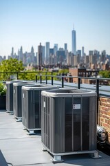 Air conditioning units on a rooftop with a city skyline in the background.