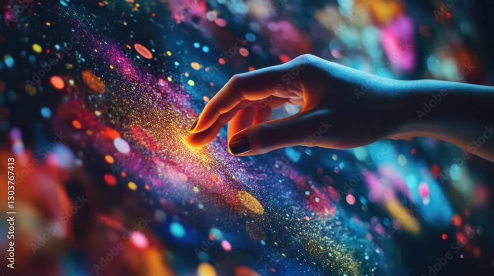 Poster hand interacting with digital art installation by touching glowing colorful particles effect display