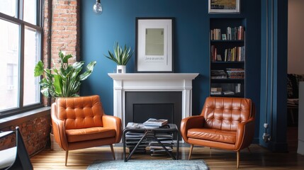Cozy modern living room interior with fireplace, bookshelves, and comfortable chairs.  Suitable for showcasing interior design, comfort, or office space