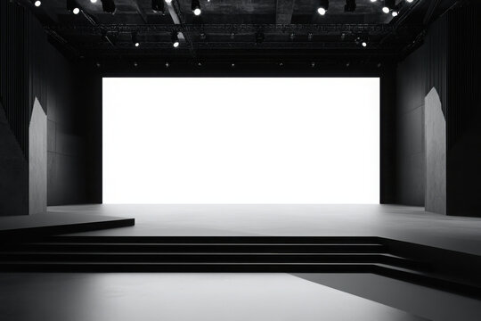 Perspective view on big blank white illuminated screen with place for your text or logo in empty huge hall with stage and stairway. 3D rendering, mockup