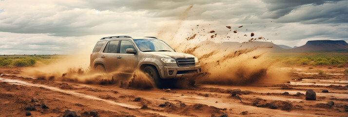 Suv driving through desert landscape kicking up dust and sand. Off-road adventure in rugged terrain. Dynamic action shot of 4x4 vehicle conquering challenging conditions with copy space