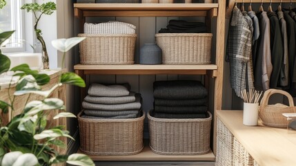 Neatly arranged Scandinavian-style storage featuring light wooden furniture and elegant woven baskets.