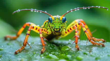 Fototapeta premium Vibrant insect encounter lush rainforest macro photography wet environment close-up view nature's adaptations