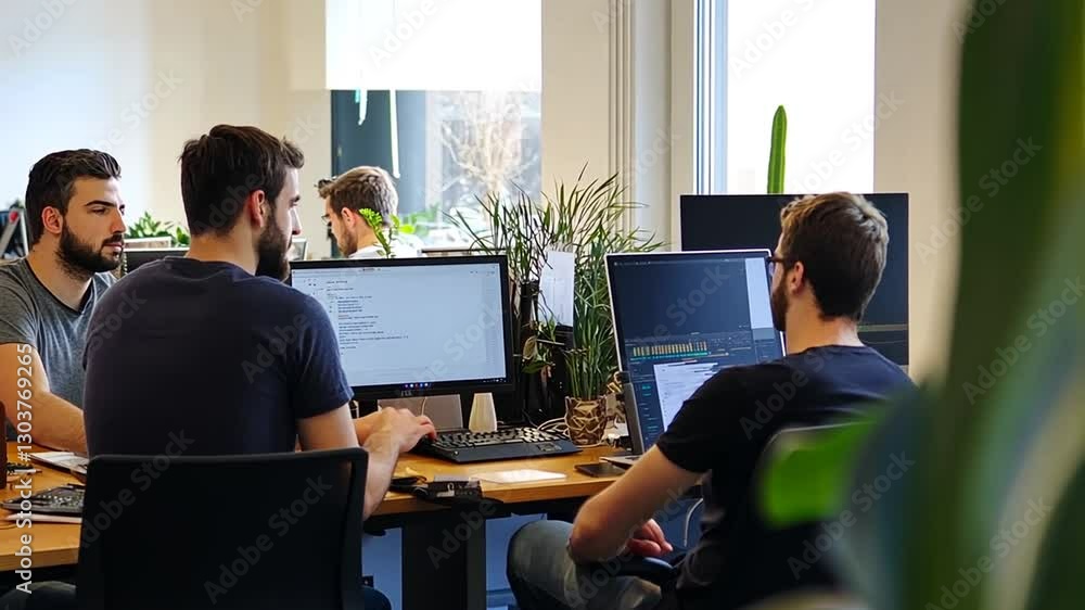 Aufkleber collaborative workspace: team working on computers in modern office environment