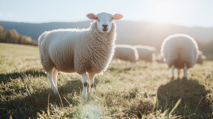 Naklejka premium Sheep grazing in sunny meadow countryside wildlife photography green landscape close-up view peaceful atmosphere