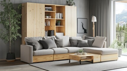 Obraz premium Scandinavian-inspired living space with a pinewood cabinet and a light gray modular sofa.