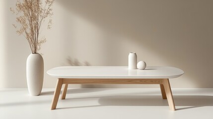 Scandinavian-style small living room with a sleek white coffee table and wooden accents.