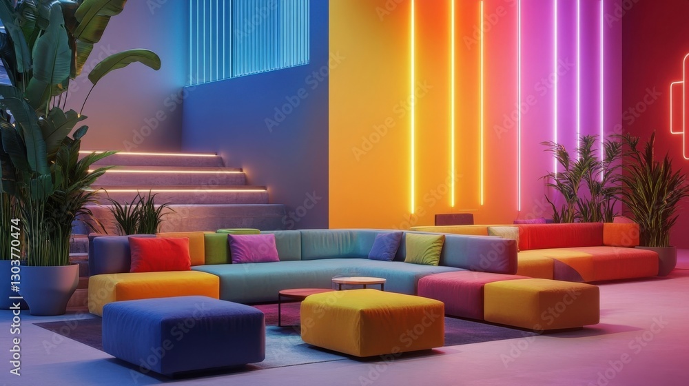 Poster vibrant and colorful modern lounge area features a modular sofa in a spectrum of rainbow hues, illum