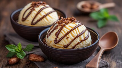 Tempting Presentation of Creamy Ice Cream Infused with Peanut Butter and Topped with Drizzles of Chocolate in Elegant Bowls