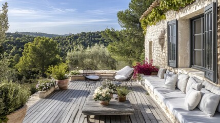 Fototapeta premium Serene Mediterranean-style terrace with a sun-kissed look, featuring cozy outdoor seating and aged stone decor.