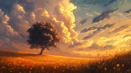 Golden crops flourish under a sunset's brooding, majestic clouds. Flourish - Tree. Illustration