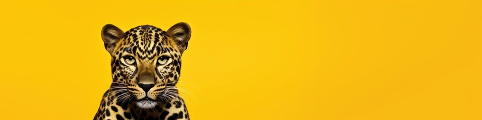 Obraz premium Majestic leopard portrait on bright yellow background. Wild feline with spotted coat. African big cat close-up. Wildlife conservation concept. Exotic animal art with copy space.