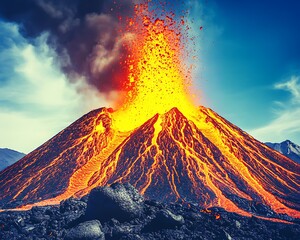 Volcano erupting lava, mountain, clouds, smoke, disaster, nature