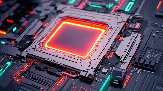 Glowing red computer processor chip on circuit board closeup