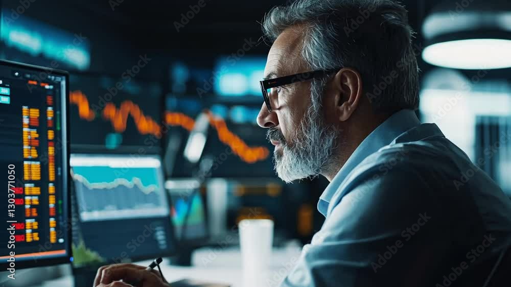 Poster focused financial analyst monitoring stock market data on multiple computer screens