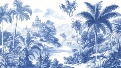 Tropical landscape painting showing buildings, palm trees and lake in monochromatic blue 
