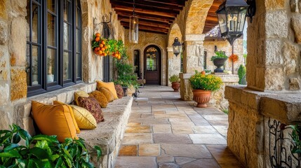 Simple yet elegant Mediterranean retreat with natural stone seating, lantern lighting, and potted citrus plants.