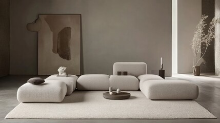 Simple yet modern Scandinavian living room with a space-saving modular sofa and neutral decor.
