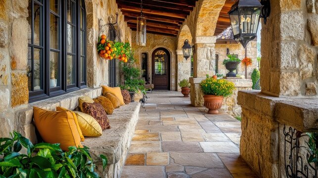 Simple yet elegant Mediterranean retreat with natural stone seating, lantern lighting, and potted citrus plants.