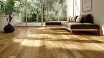Sleek contemporary living room with an extended outdoor sitting area, featuring warm wooden flooring and soft natural tones.