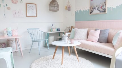 Small but stylish Scandinavian living room with multi-purpose furniture and soft pastel decor.