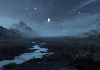 Serene Nighttime Landscape With Moonlit Mountains And Stream