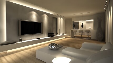 Small modern Scandinavian living room with minimalist decor, wooden flooring, and soft lighting.