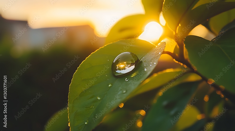 Poster ahmadwahyuutomo776@gmail.com Close-up of a morning dewdrop on a vibrant green leaf in nature.