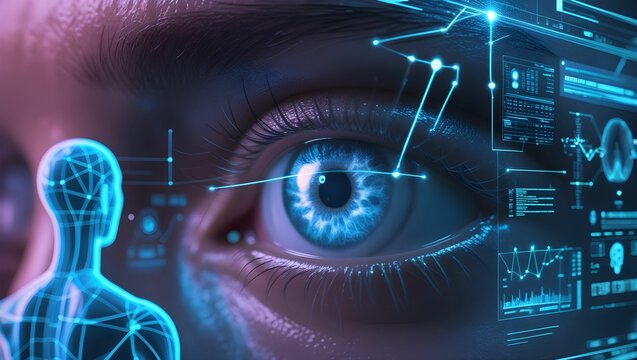 Hyperrealistic Closeup of a Human Eye with Futuristic Hologram.
