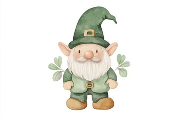 Fototapeta premium Cute cartoon gnome with a green hat and suit, smiling joyfully in a whimsical setting, perfect for holiday decor and children s illustrations