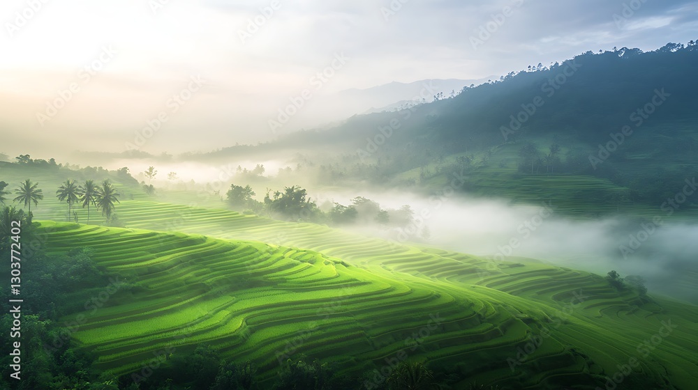 Poster ahmadwahyuutomo776@gmail.com a foggy rice terrace scene illuminated by soft light, showcasing the be