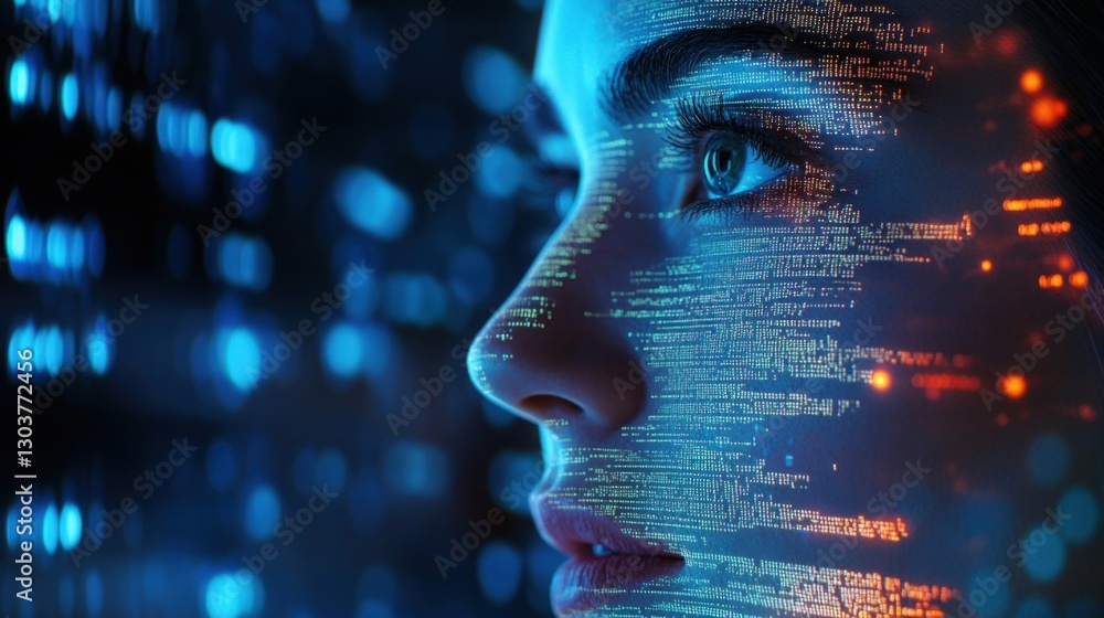 Aufkleber a dynamic closeup of the business leaders face illuminated by the glow of animated data visualizatio