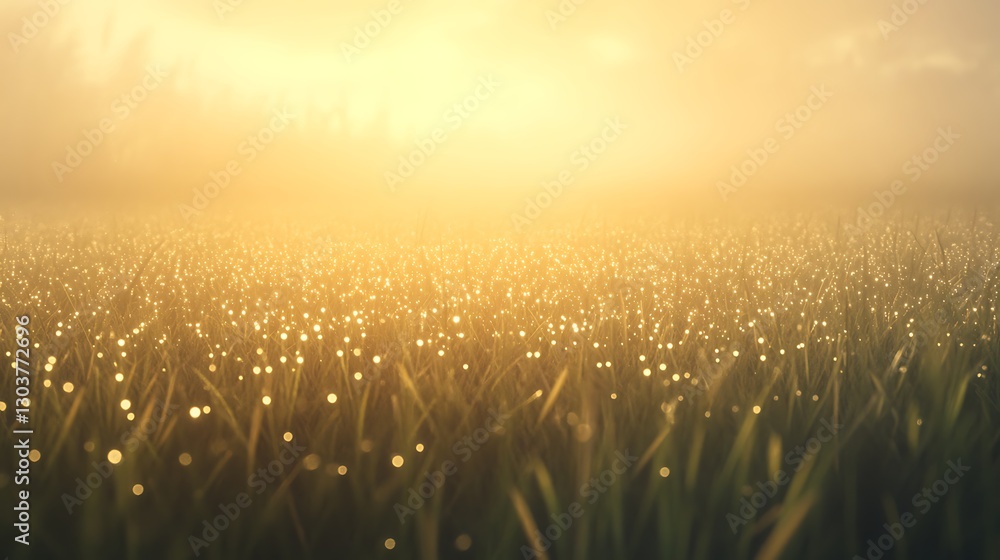 Poster ahmadwahyuutomo776@gmail.com A serene foggy meadow at dawn adorned with tiny dew drops on the grass.