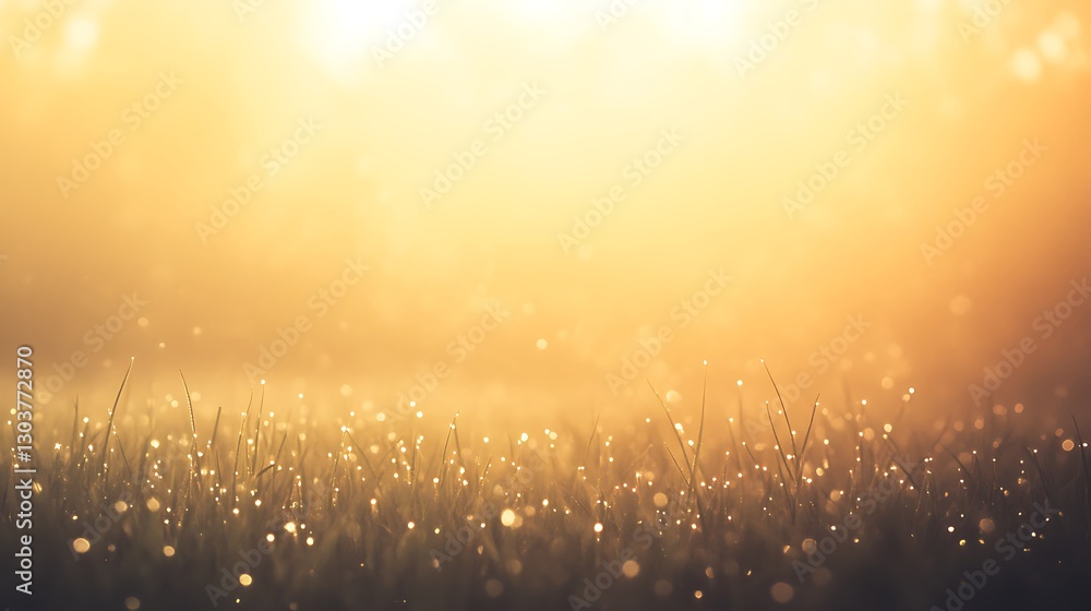 Poster ahmadwahyuutomo776@gmail.com A serene dawn scene of a foggy meadow adorned with tiny dew drops on grass.