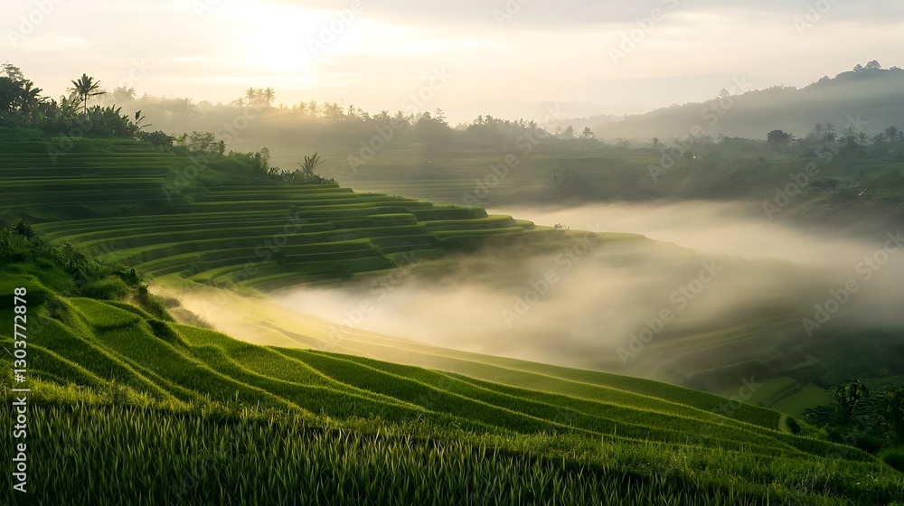 Aufkleber ahmadwahyuutomo776@gmail.com a fog-covered rice terrace scene glowing under golden light at dusk, pe