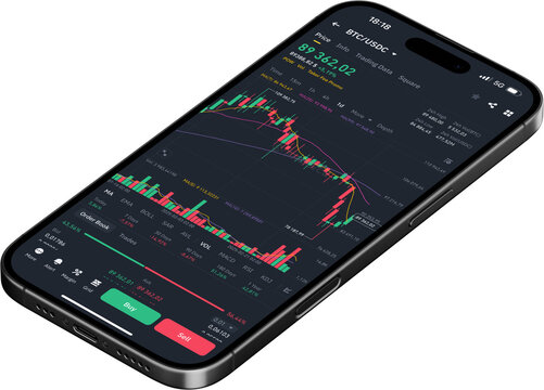 Cryptocurrency Trading App on Smartphone – BTC/USDC Market Chart, Candlestick Graph, Buy/Sell Options, Transparent PNG, No Background, Crypto Investment, Digital Finance