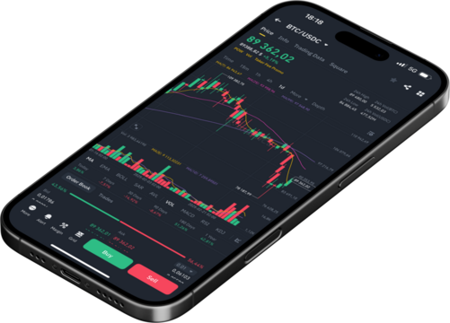 Cryptocurrency Trading App on Smartphone – BTC/USDC Market Chart, Candlestick Graph, Buy/Sell Options, Transparent PNG, No Background, Crypto Investment, Digital Finance - Powered by Adobe