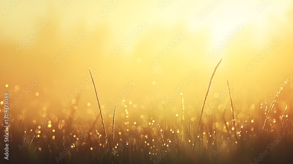 Poster ahmadwahyuutomo776@gmail.com A tranquil foggy meadow at dawn with tiny dew drops on grass, perfect for serene nature imagery.