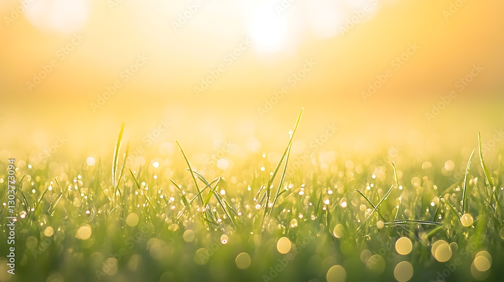 Poster ahmadwahyuutomo776@gmail.com A serene dawn scene featuring a foggy meadow with dew drops glistening on the grass.