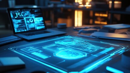 sketches and blueprints are spread out across the table alongside a powerful laptop and a digital drawing pad highlighting a collaborative environment for innovative thinking.