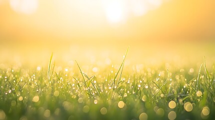 Obraz premium ahmadwahyuutomo776@gmail.com A serene dawn scene featuring a foggy meadow with dew drops glistening on the grass.