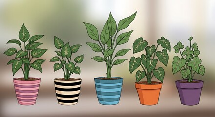 Fototapeta premium Illustration of five potted plants with varied leaf shapes - Adding serenity - for a botanical art print.