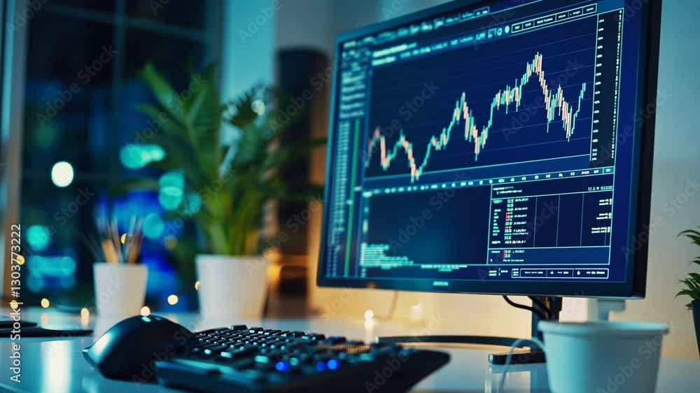 Aufkleber financial stock market data analysis on computer screen with keyboard and mouse