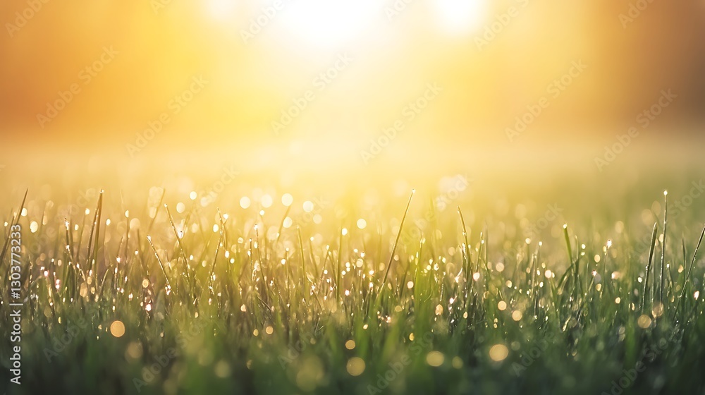 Poster ahmadwahyuutomo776@gmail.com a peaceful dawn scene of a foggy meadow with tiny dew drops on grass. p
